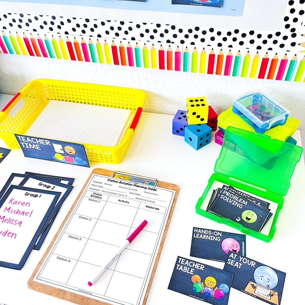 This image shows some of the ways to organize math stations.
